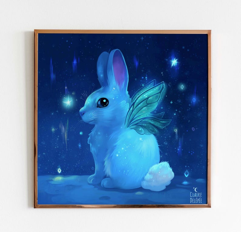 May include: A blue rabbit with iridescent wings sits on a blue background with white stars. The rabbit has a white tail and a light blue body. The wings are green and blue. The background is a dark blue with white stars. The artist's signature, "CLAIRE DELEPEE", is in the bottom right corner.