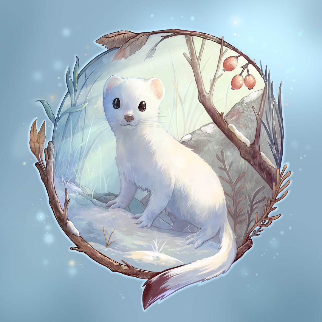冬の散歩：冬の毛皮をまとったオコジョのプリントイラスト - Etsy 日本