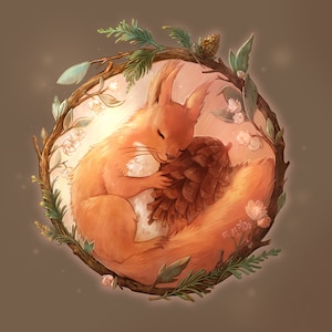 Herbstschläfchen: Eine gedruckte Illustration eines schlafenden Eichhörnchens