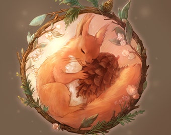 Autumn nap  : a cute squirrel art print -  Square Artwork - forest and wild animals inspired