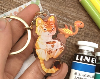 Tiger having a cup of coffee keyring - cute acrylic charm -