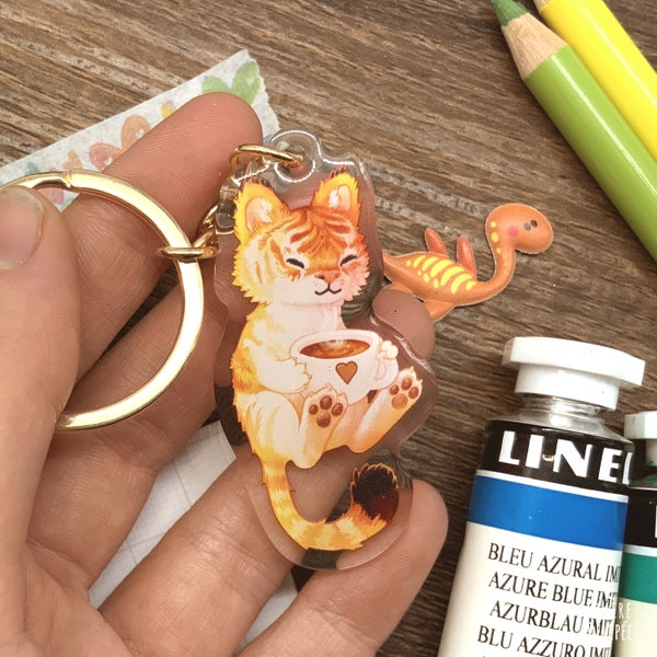 Porte-clés tigre mignon qui boit du caffé || porte clés acrylique transparent