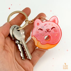 Cute cat keychain : acrylic charm of a pink donut cat - animal lover gift, cute keychain, cute charm