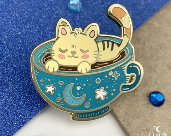 Cute cat in a coffe cup pin - gold plated || tea and coffee inspired - hard enamel pin