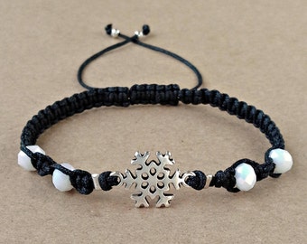 New Years Macrame Bracelet, Snowflake Bracelet, Winter Silver Tone Charm Bracelet, Christmas Bracelet, Black Satin Cord, Adjustable, Gift