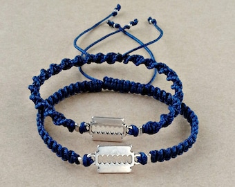 Metal Razor Charm, Macrame Bracelet, Charm Bracelet, Men's Bracelet, Friendship Gift, Unisex Braided Bracelet, Navy Blue Cord #B0176