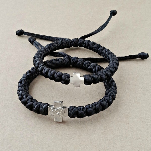 Chotki, Prayer Rope, 33 Knots Komboskini, brojanica, Orthodox Bracelet, Gold Tone Cross, Silver Tone Cross, Black Rattail Cord #B0120