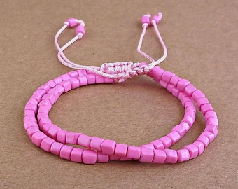 Small Glass Bead Bracelets,Set Of Two,Pink Beads,Pink Bracelet,Pink Cord,Macrame Knot,Adjustable,Gift,Friendship Bracelet,Tiny,Satin Cord