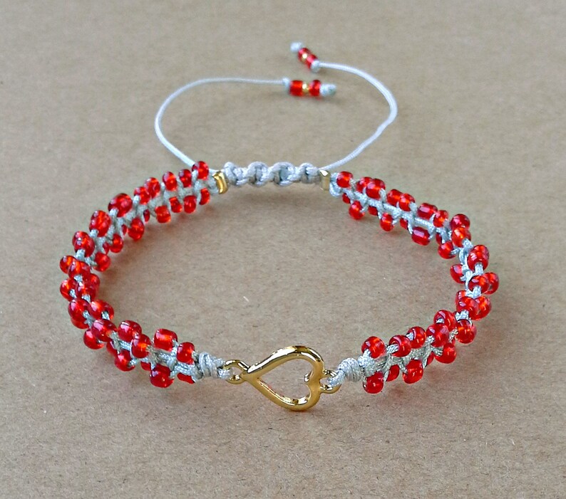 Red Seed Bead Heart Bracelet Valentines Day Bracelet Tiny Etsy