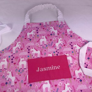 Unicorn Personalised Kids Aprons. Chef Hats are optional. Choose Pink or White With Rainbows or Pink Unicorns On These Girls Aprons