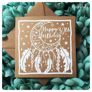 Biglietto di compleanno del pigliamosso dei sogni, biglietto personalizzato, acchiappasogni, piume, biglietto speciale, biglietto acchiappasogni, carta di piume