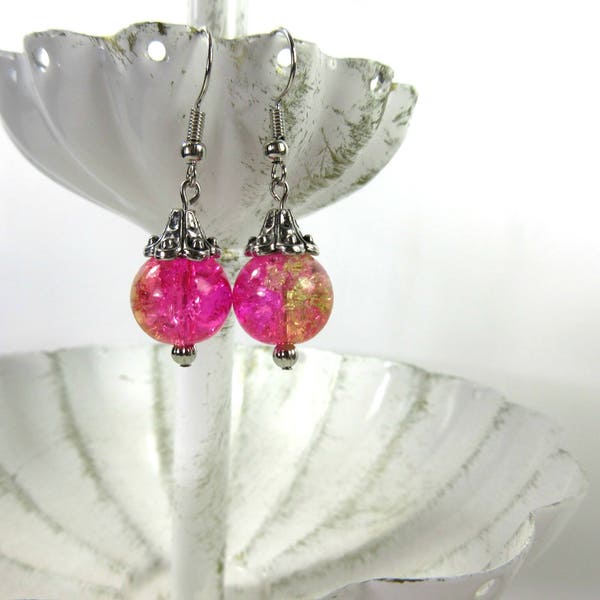 Crackle Glass Earrings, Pink Yellow Crackle Glass Beads with Silver Toned Accent Beads