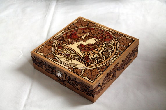Art Nouveau Box, Mucha, Wooden Chest Engraved, Tea Box, Carved