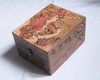 Vintage wooden box carved with Mucha Art Nouveau pattern