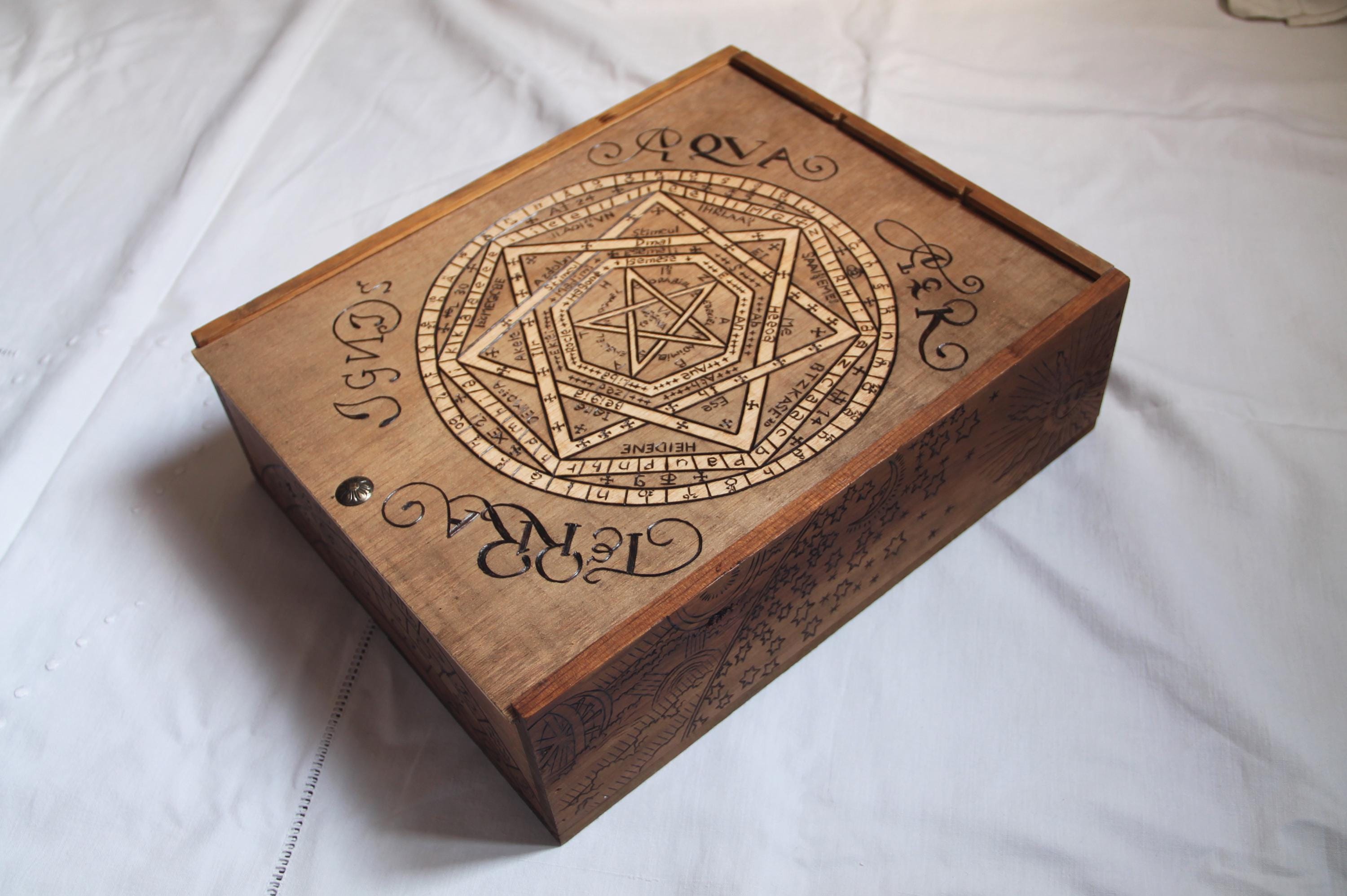 Vintage wooden case engraved with magical and occult motifs