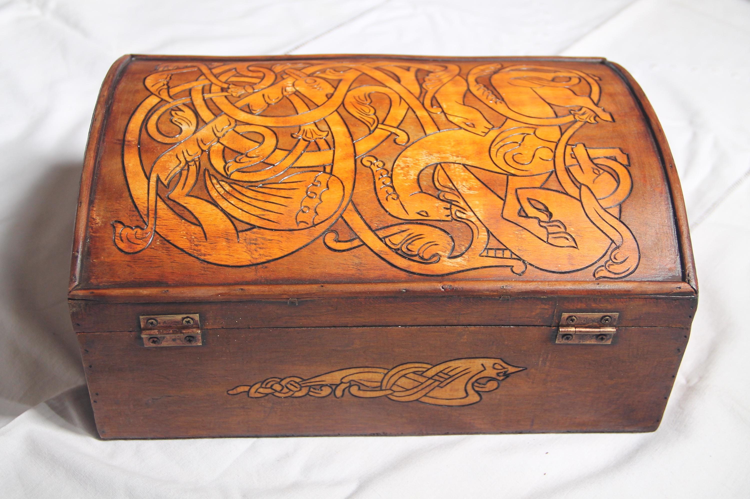 Vintage Wooden Chest Carved With Viking Patterns Like Dragons, Snakes ...