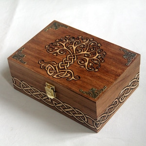 Wooden box, carved with viking patterns, celtic chest, Yggdrasil, tree of life, jewelry box