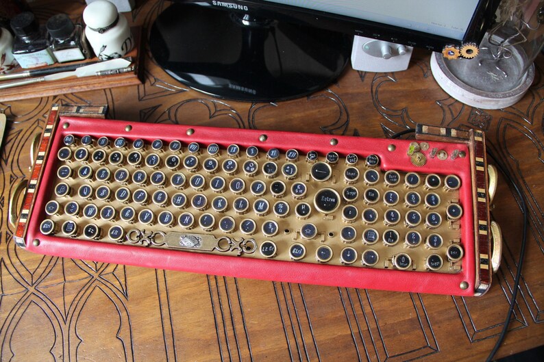 Steampunk Computer Keyboard Victorian Style Computing Office Equipment Red And Gold Leather Wood Metal