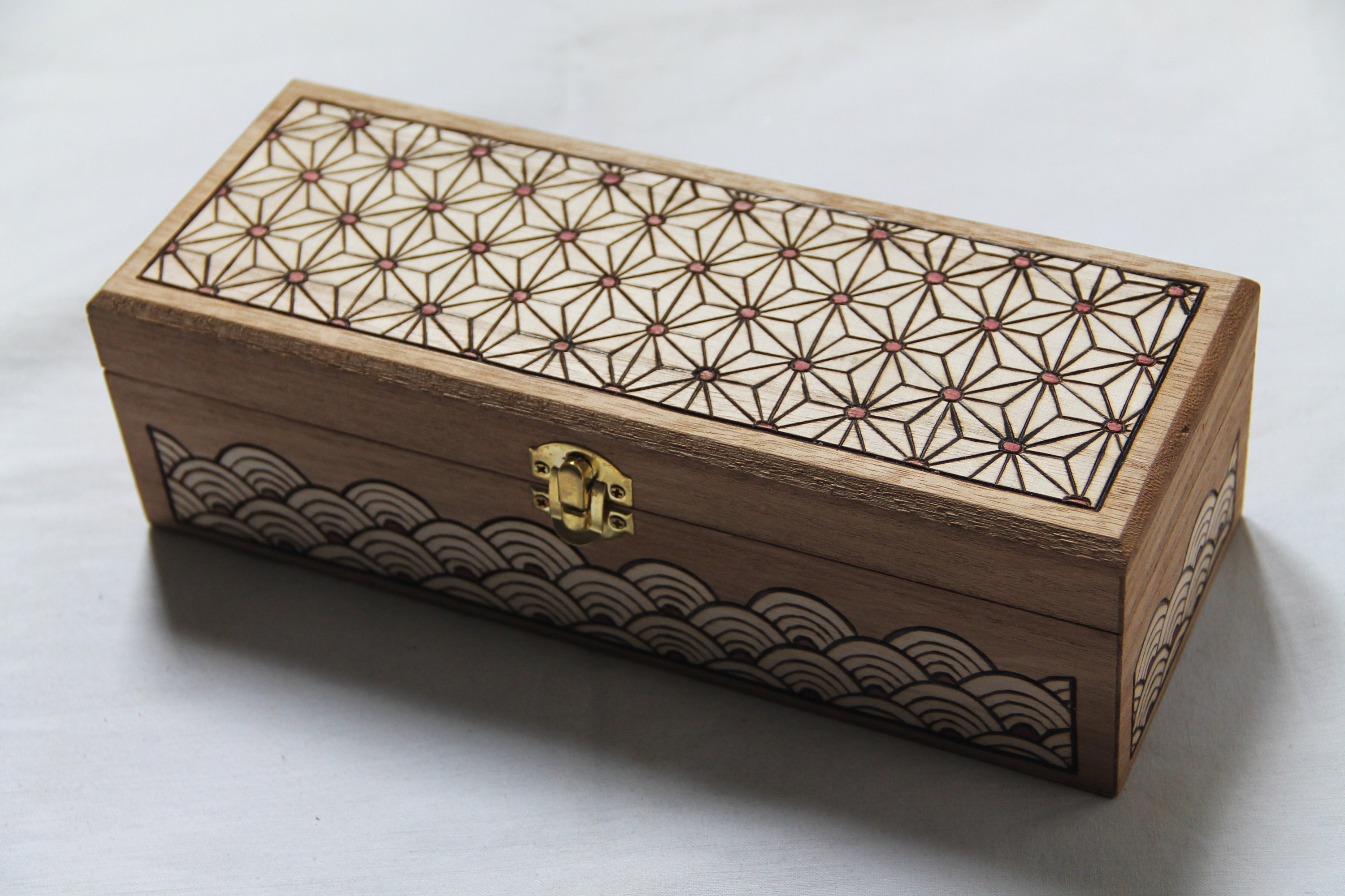 Wooden Box Carved With Asian Pattern: Geometrical Japanese Design Wooden Box Carved With Asian Pattern: Geometrical Japanese Design