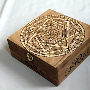 May include: A wooden box with a hinged lid. The lid features a complex geometric design with a five-pointed star in the centre. The box is labelled "GIERRA".