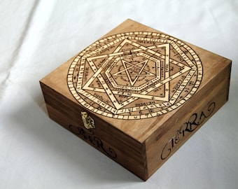 Wooden storage box, carved with magic and alchemic pattern, like the heptagram of John Dee