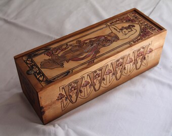 Wooden box carved with Mucha Art Nouveau pattern