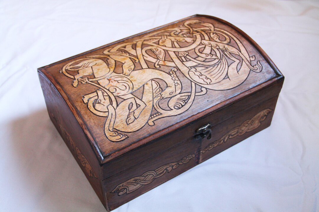 Vintage Wooden Chest Carved With Viking Patterns Like Dragons - Etsy