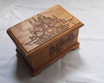 Vintage wooden box carved with fairytale castles