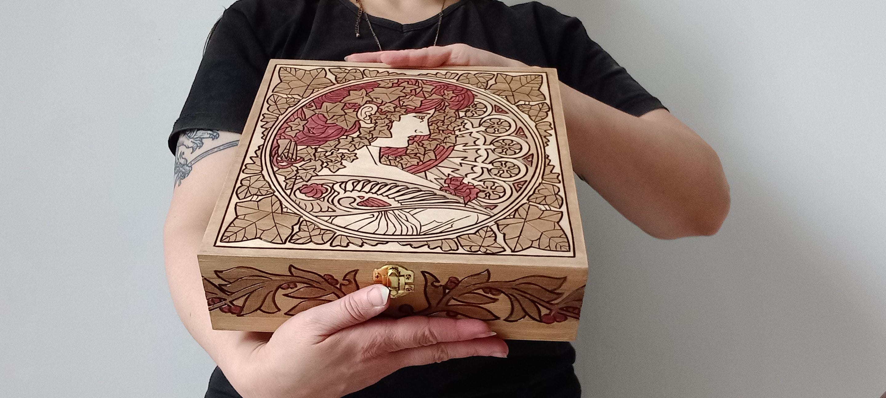 Art Nouveau Box, Mucha, Wooden Chest Engraved, Tea Box, Carved