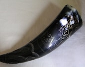 PREORDER Drinking horn, carved with viking pattern, Sigurd fighting dragon Fafnir, fantasy, medieval, celtic, black colour, scandinavian
