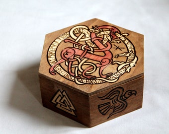 Wooden box, carved with viking patterns: dragon and runes, valknut, Hugin and Munin