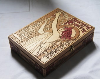 Boite à thé vintage gravée de l'affiche Absinthe Robette dans le style Art Nouveau