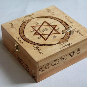 Wooden box with compartments carved with alchemy patterns like the ouroboros