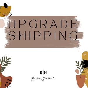 May include: A graphic design with the text "Upgrade Shipping" in black text on a brown background. The design features abstract shapes in brown, yellow, and white with black dots and green leaves.