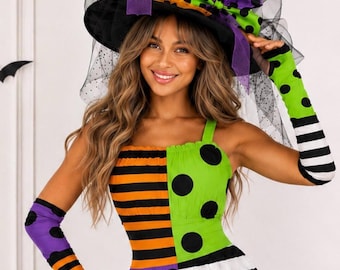Guanti senza dita da strega Pink Skies Wickedly Whimsy, guanti per costume di Halloween, scaldabraccia colorati da strega, accessorio stravagante per costume da strega