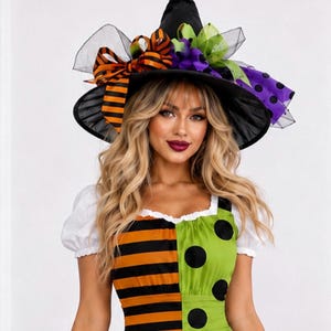 May include: A black witch hat adorned with orange and black striped ribbons, purple and green polka-dot tulle, and a dress featuring a split design of orange and black horizontal stripes on one side and lime green with black polka dots on the other.