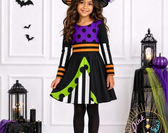 Abito da strega Pink Skies Girls Wickedly Whimsy, costume di Halloween colorato, abito da strega viola, verde e arancione, abito di Halloween da boutique per bambine