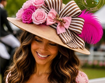 Cappello Derby da donna con nastri e rose rosa, cappello Derby con fiocco floreale, cappello Kentucky Derby, cappello da sole per feste in giardino, cappello da polo, concorso ippico, personalizzato