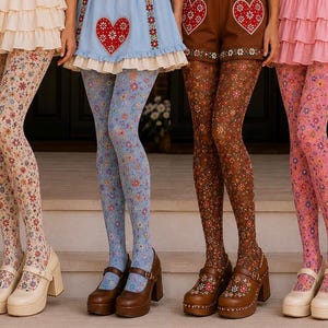 May include: Six pairs of opaque tights featuring various floral patterns in black, cream, light blue, brown, pink, and yellow. Each pair is worn with a matching skirt or shorts, and footwear including brown or cream platform shoes and brown boots.