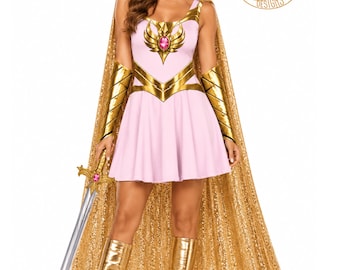 Abito da principessa guerriera fantasy Pink Skies, costume di Halloween da donna, abito fantasy da eroina, costume bianco rosa blu, principessa
