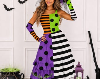 Abito da strega Pink Skies Wickedly Whimsy, costume di Halloween colorato, costume da strega stravagante, abito da strega per adulti, abito per feste di Halloween, carino
