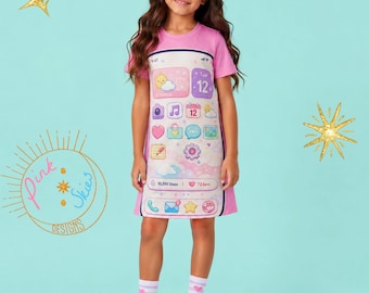 Abito con smartphone Pink Skies, costumi per bambine, abito con icona app, grazioso abito tecnologico per bambini, abito di Halloween per bambine, Pink Skies Smartphone Sweetie