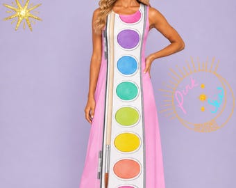 Abito da artista acquerellista Pink Skies, costume da pittrice da donna, abito di Halloween per insegnante d'arte, abito con tavolozza colorata, costume creativo,