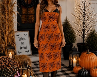 Abito midi Pink Skies Midnight con ragnatela / Abito di Halloween con ragnatela / Abito da strega da donna / Abito midi arancione zucca / Outfit per feste di Halloween/