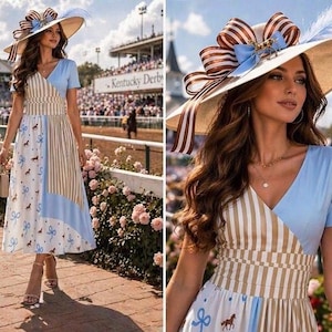 May include: A woman in a light blue and tan dress with a horse and bow pattern, and a wide-brimmed hat with brown and blue ribbons and feathers. The background shows a racetrack and spectators.