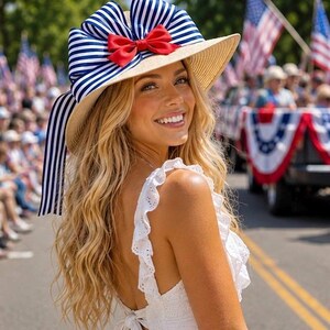 Red White Blue American Flag Bow USA Floppy Sun Hat Wide Brim Womens Patriotic USA Ribbon Wide Brim Sun Hat main image 2