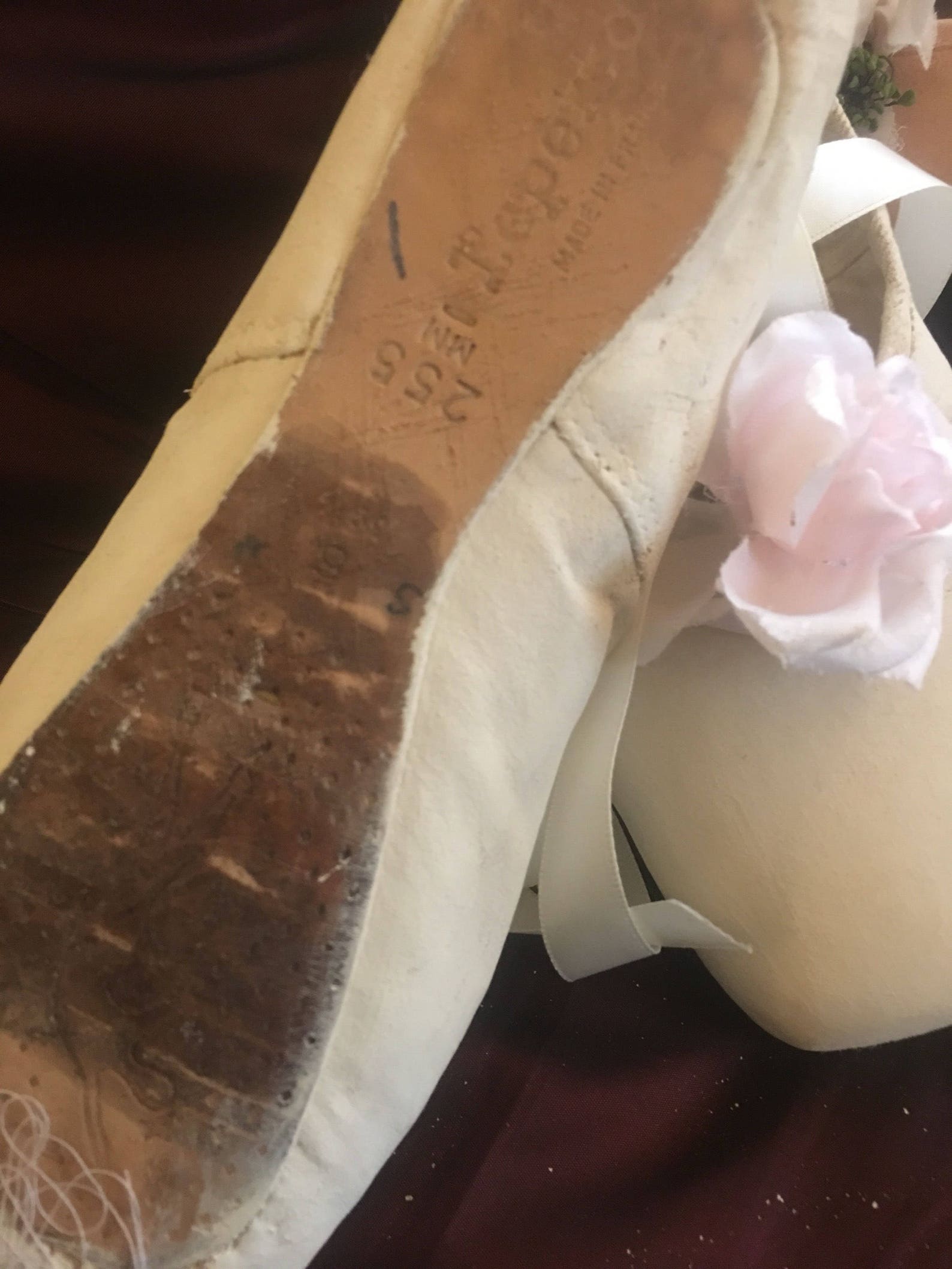 ballet shoes from france, england decorated with old french -corsage- flowers, around size 5 white sold ballet shoes from france, england decorated with old french -corsage- flowers, around size 5 white sold