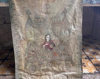 Antic silk banner with Jesus child with golden - castle - decoration