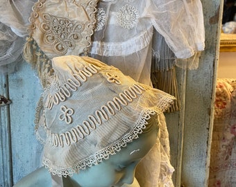 Beautiful antic French baby set , tulle and lace , dress, cap, wreath and little sac