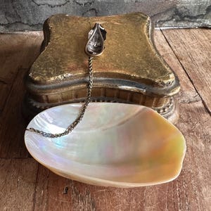 May include: An iridescent, oval-shaped mother-of-pearl dish with a silver-toned spoon attached by a chain. The spoon is connected to a gold-colored, ornate box. The dish sits on a wooden surface.